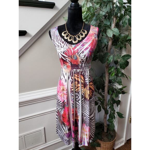 Unity World Wear Knee Length Dress Womens Large Multi Floral Beaded Round Neck - Picture 1 of 12